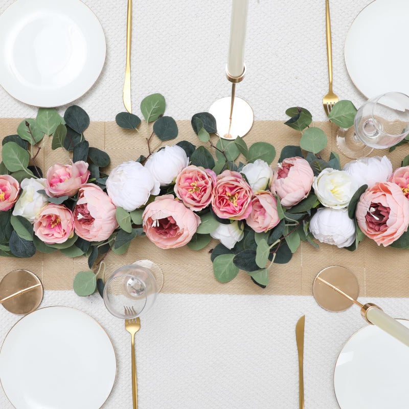 Floweroyal 2 Pack Artificial Flower Garlands 11.2FT Eucalyptus Garlands with Flowers 8 Head Peony Flower Vine Faux Floral Garland for Wedding Arch Table Wall Backdrop Wreath Decoration. (Pink & White) - Image 2