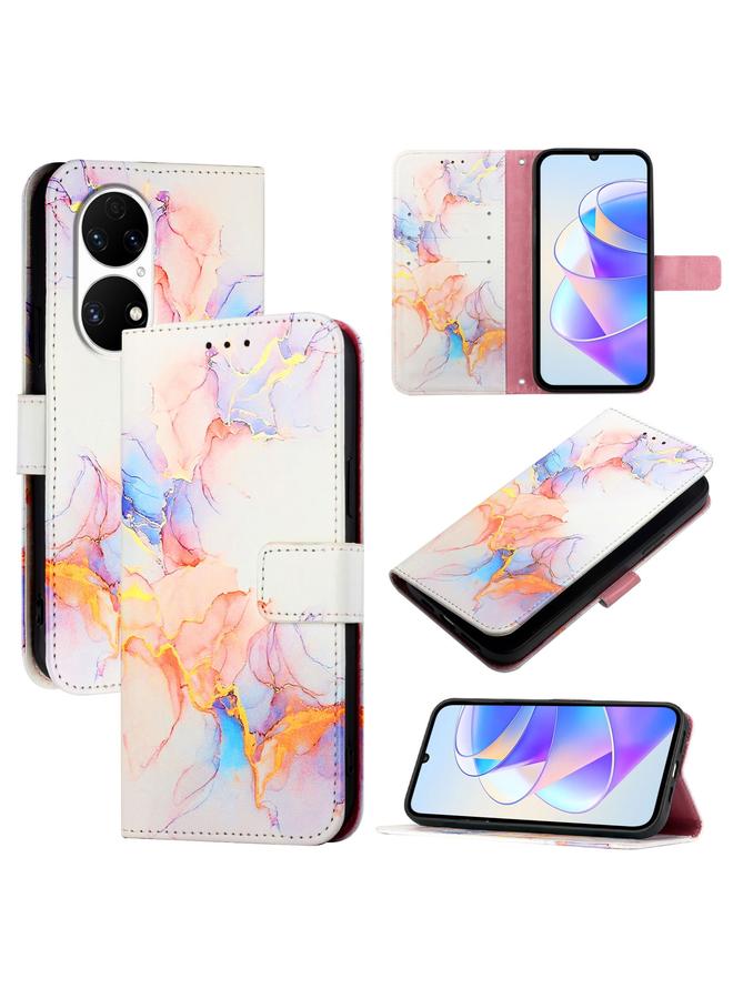 زبون جراب هاتف Huawei P50 Pro PT003 من الجلد القابل للطي بنمط رخامي - Image 1