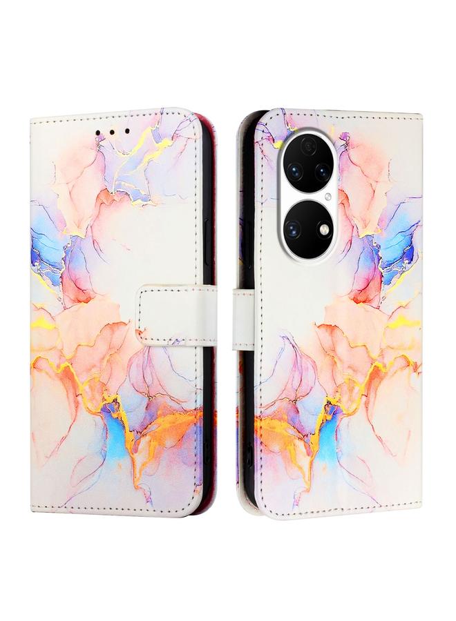 زبون جراب هاتف Huawei P50 Pro PT003 من الجلد القابل للطي بنمط رخامي - Image 2