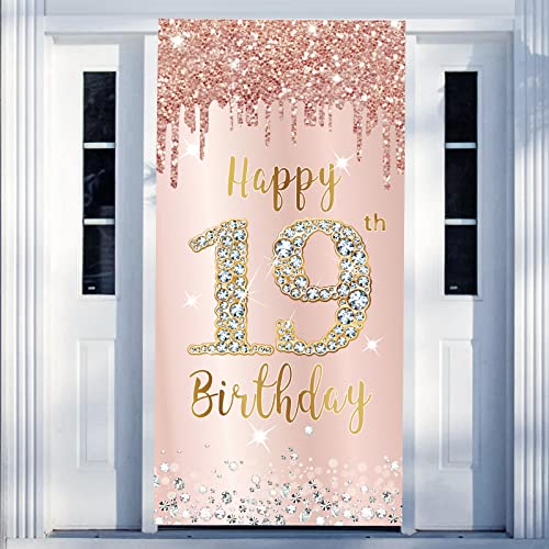 Excelloon Happy 19th Birthday Door Banner Decorations for Girls Pink Rose Gold 19 Birthday Door Cover Backdrop Sign Party Supplies Nineteen Year Old Birthday Poster Background Decor - Image 1