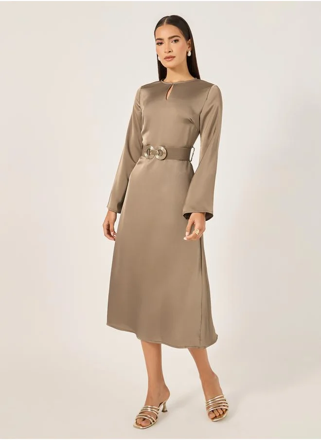 Styli Belted Keyhole Neck A-Line Midi Dress