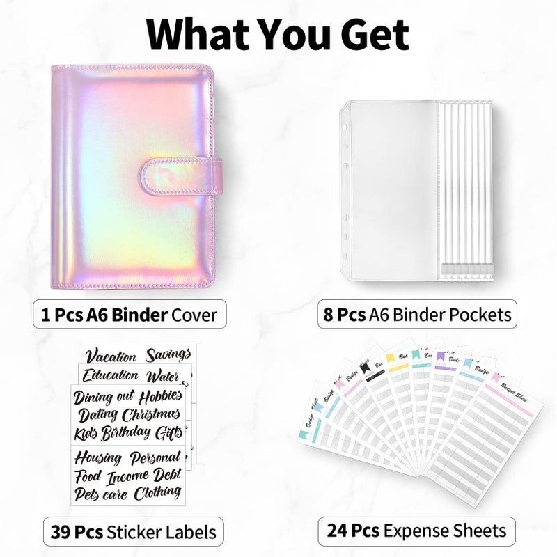 Sooez Laser Pink Money Organizer for Cash, A6 Budget Binder with Cash Envelopes, 39 Black Bold Sticky Labels & 24 Colorful Budget Sheets, Money Saving Binder for Budgeting - Image 2