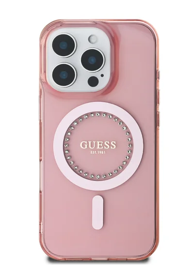 GUESS iPhone 16 Pro Magsafe Case IML Hard Cover with Rhinestones Design / Easy Snap-On/ Drop Protection/ Slim Profile - Pink