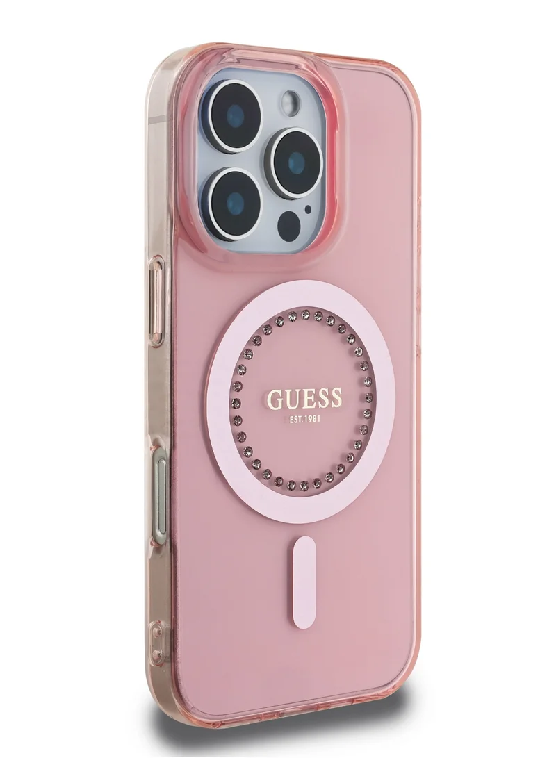 GUESS iPhone 16 Pro Magsafe Case IML Hard Cover with Rhinestones Design / Easy Snap-On/ Drop Protection/ Slim Profile - Pink