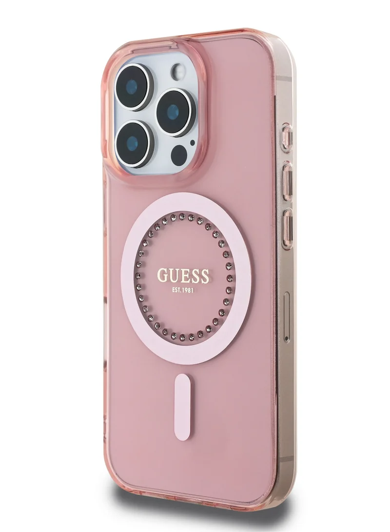 GUESS iPhone 16 Pro Magsafe Case IML Hard Cover with Rhinestones Design / Easy Snap-On/ Drop Protection/ Slim Profile - Pink