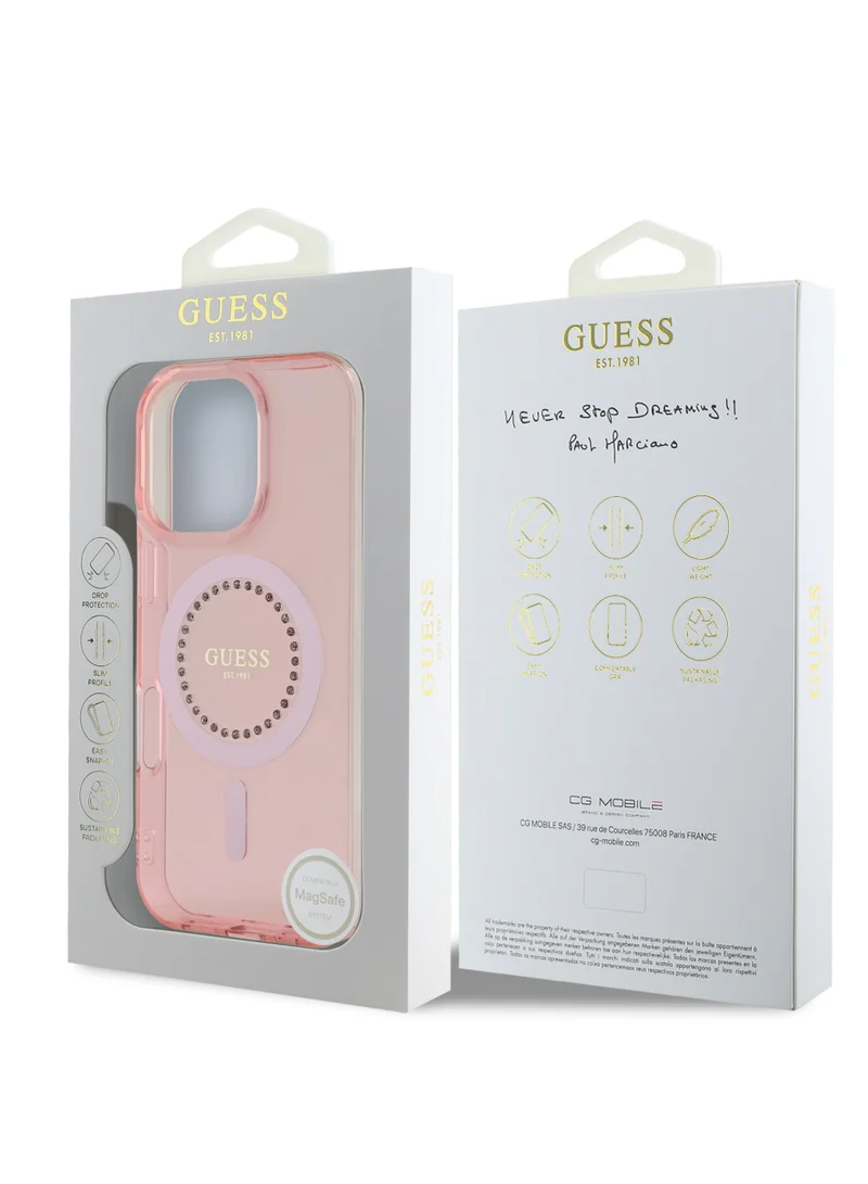 GUESS iPhone 16 Pro Magsafe Case IML Hard Cover with Rhinestones Design / Easy Snap-On/ Drop Protection/ Slim Profile - Pink