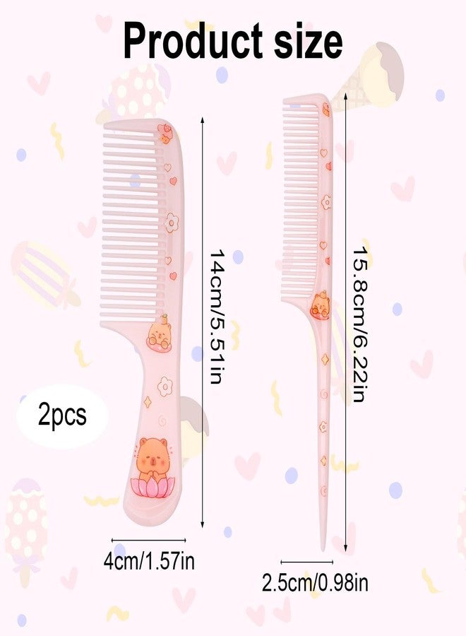 lasuroa 2pcs Cute Hair Comb, 2 Styles Plastic Cartoon Capibara Girls Comb Pink Fine-Tooth & Rat-Tail Stylish Hairbrush for Kids Toddlers Girls Women All Hair Types - Image 2