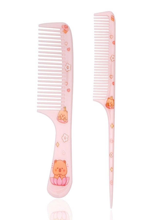 lasuroa 2pcs Cute Hair Comb, 2 Styles Plastic Cartoon Capibara Girls Comb Pink Fine-Tooth & Rat-Tail Stylish Hairbrush for Kids Toddlers Girls Women All Hair Types - Image 1