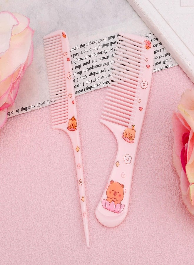 lasuroa 2pcs Cute Hair Comb, 2 Styles Plastic Cartoon Capibara Girls Comb Pink Fine-Tooth & Rat-Tail Stylish Hairbrush for Kids Toddlers Girls Women All Hair Types - Image 4