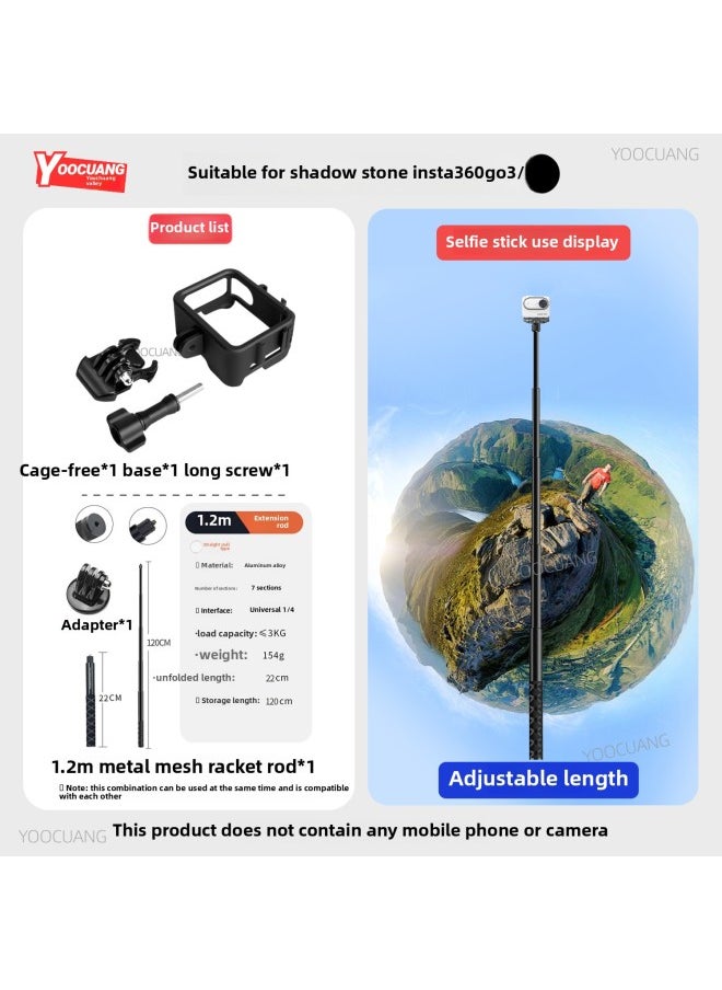 Generic - Suitable For Shadow Stone Insta360go3/3S Rabbit Cage Thumb Camera Protective Cover Anti-fall Heat Dissipation Protective Shell Accessories-Product Color:[suitable For Go3/3s] Rabbit Cage + Metal 1.2m Selfie Stick - Image 1