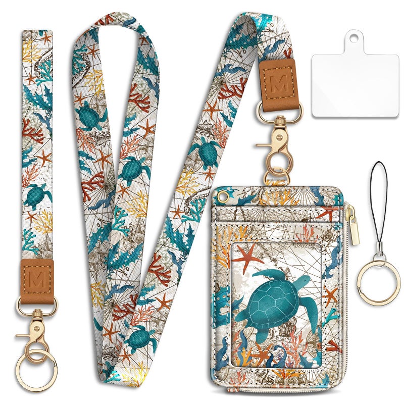 Mavellin Lanyard Wallet with Id Badge Holder, Sea Turtle RFID Small Keychain Wallet Women Wristlet, Cute Zipper Credit Card Holder Phone Wrist Neck Strap for Key Name Tag, Teacher Student Office Gifts - Image 1