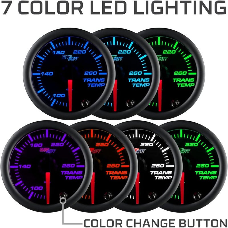 GLOWSHIFT Black 7 Color 260F Automatic Transmission Temp Gauge Kit - Includes 1/8-27 NPT Electronic Sensor & Wiring - Multi-Color Display - Black Dial - Clear Lens - for Car & Truck - 2-1/16" 52mm - Image 3