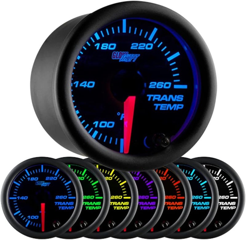 GLOWSHIFT Black 7 Color 260F Automatic Transmission Temp Gauge Kit - Includes 1/8-27 NPT Electronic Sensor & Wiring - Multi-Color Display - Black Dial - Clear Lens - for Car & Truck - 2-1/16" 52mm - Image 1