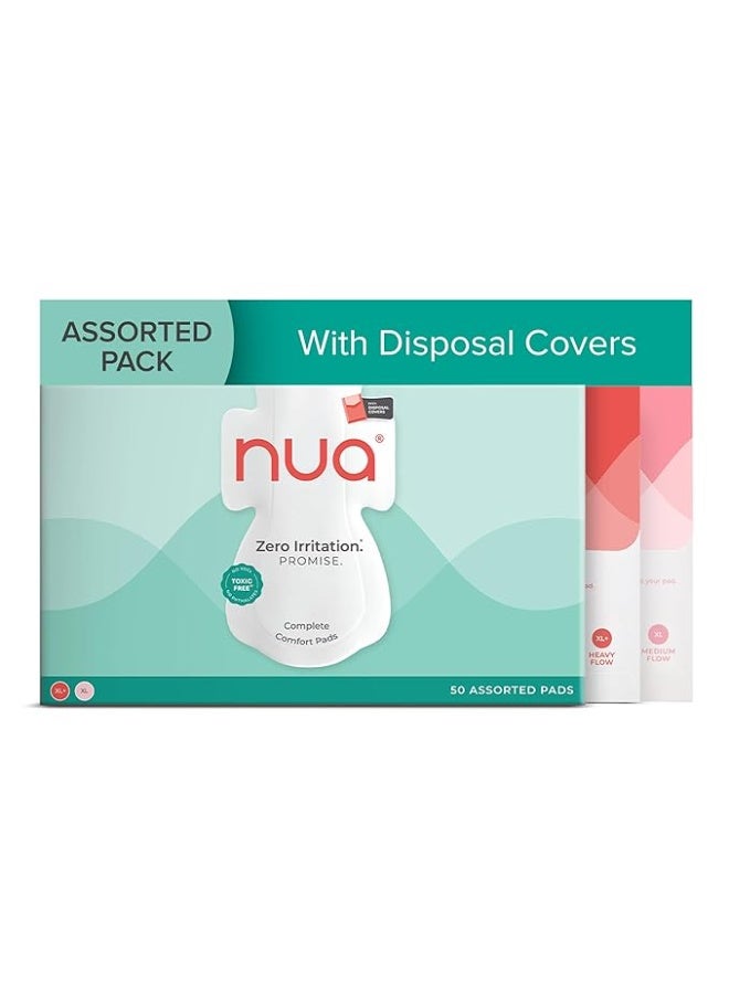Nua Complete Comfort Sanitary Pads for Sensitive Skin | Pack of 50 Pads (25 Heavy Flow, 25 Medium Flow) with Disposal covers | Zero Irritation | Comfortable All-Day Protection | Ultra-Thin | Super Absorbent | No rashes | 50% Wider Back | 100% Toxic-Free, Dermatologically Tested - Image 1