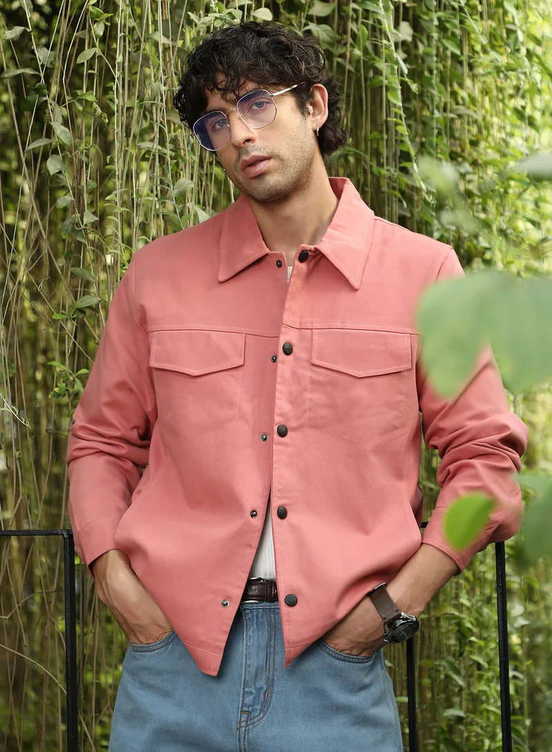 كامبوس سوترا Men Utility-Twill Jacket | Point Collar, Long Button-Cuff Sleeves | Snap Button , Straight Hem | Solid Twill | Woven Fabric For Casual & Daily Wear | Coral Pink