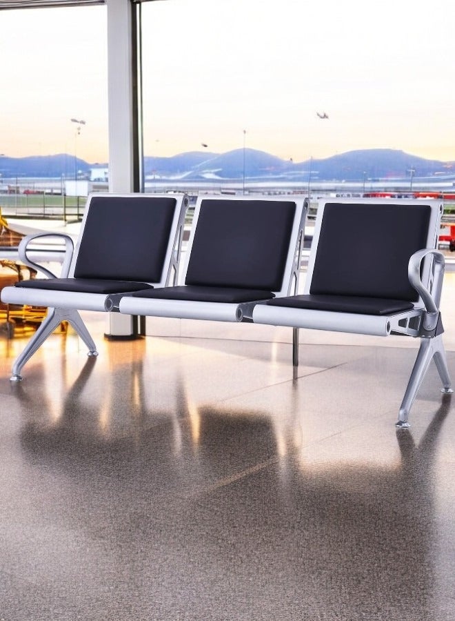 KARNAK 3-Seater Airport Chair for Waiting Rooms – Hospital & Clinic Seating with Metal Frame, Armrests, & Cushion – Black  - Image 1