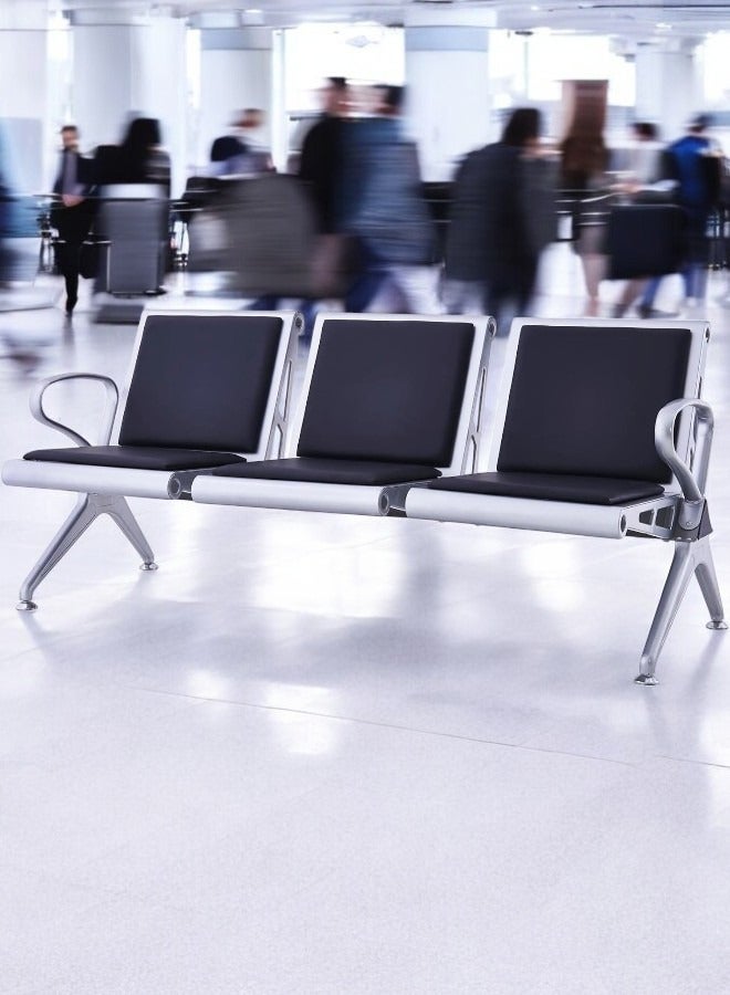 KARNAK 3-Seater Airport Chair for Waiting Rooms – Hospital & Clinic Seating with Metal Frame, Armrests, & Cushion – Black  - Image 2