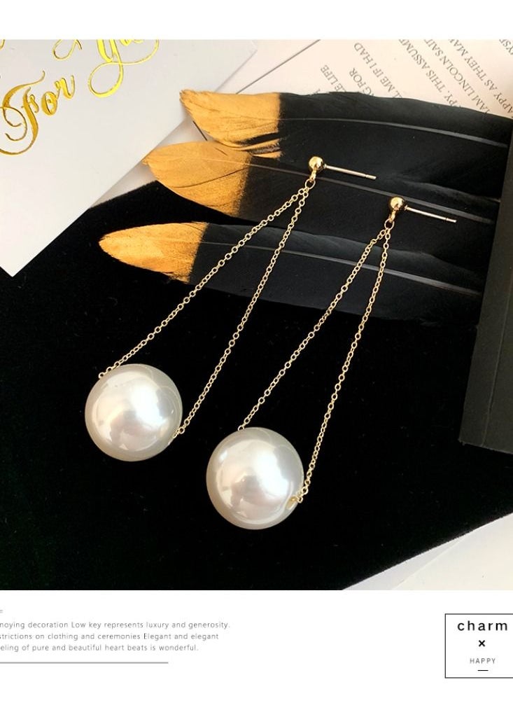 General - Stainless steel 18K gold-plated non-fading long personality large pearl earrings high-end exaggerated earrings - Image 1