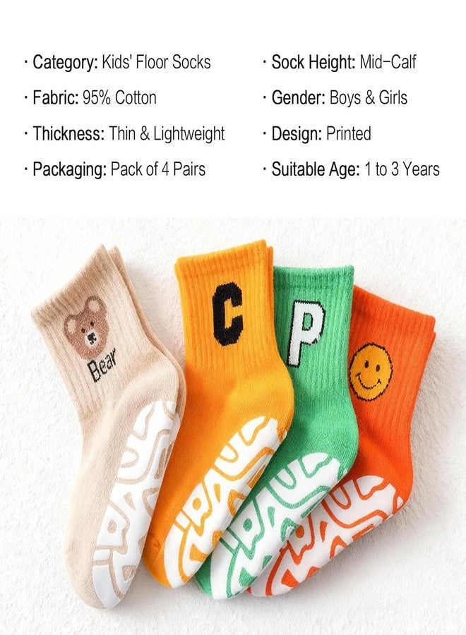 Agniphant 4 Pairs Baby Socks for 1-3 Years | Cotton Anti-Skid Grip Socks with Cartoon Designs, Newborn Baby Essentials, Winter Wear for Toddler Boys & Girls - Image 2