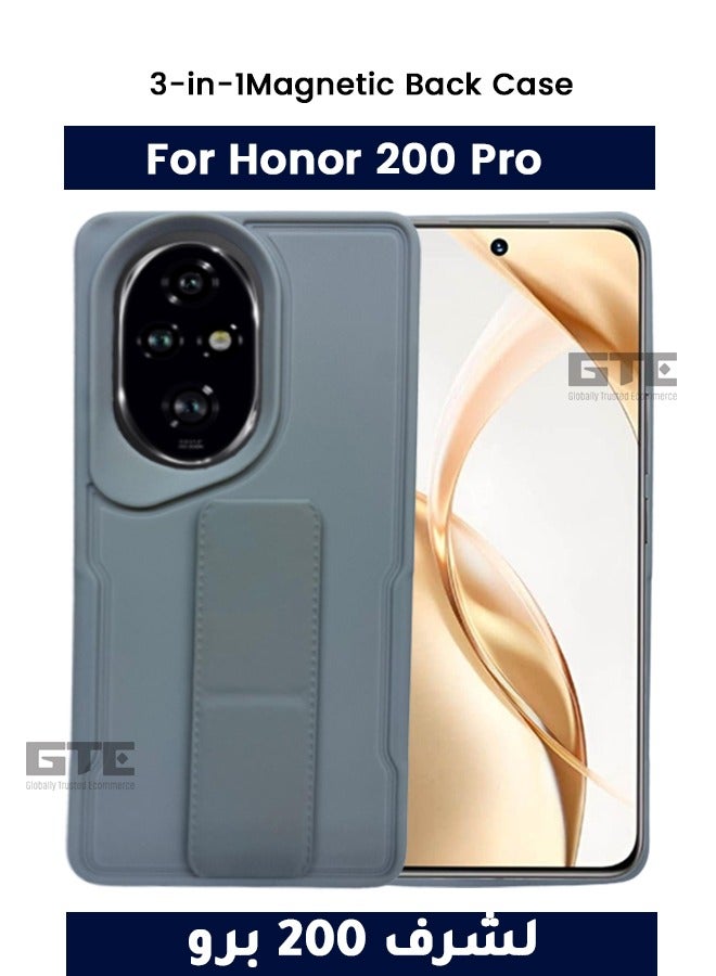 3-in-1 Magnetic Wrist Strap Hand Grip Stand Back Case Cover for Honor 200 Pro-Grey