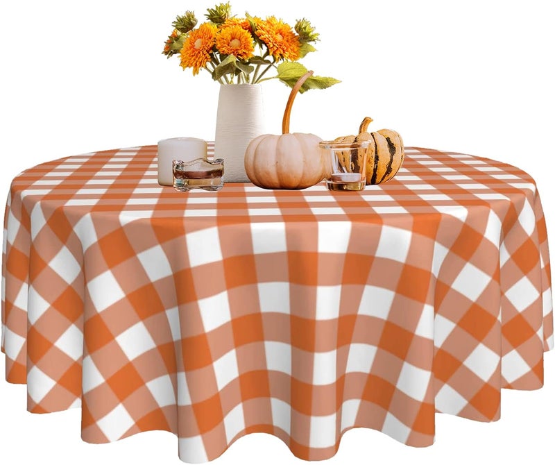 SuQKXCo Fall Round Tablecloth Orange White Autumn Buffalo Plaids 60 inch Thanksgiving Table Cloths Cover Mat Spill Proof Table Covers for Kitchen Party Dinner Tabletop Decoration - Image 1