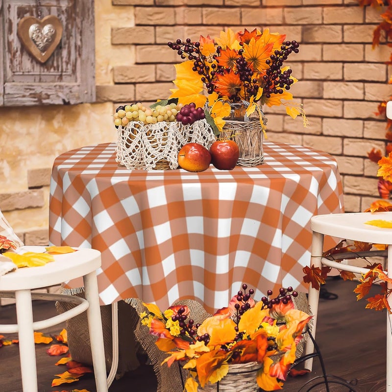 SuQKXCo Fall Round Tablecloth Orange White Autumn Buffalo Plaids 60 inch Thanksgiving Table Cloths Cover Mat Spill Proof Table Covers for Kitchen Party Dinner Tabletop Decoration - Image 2