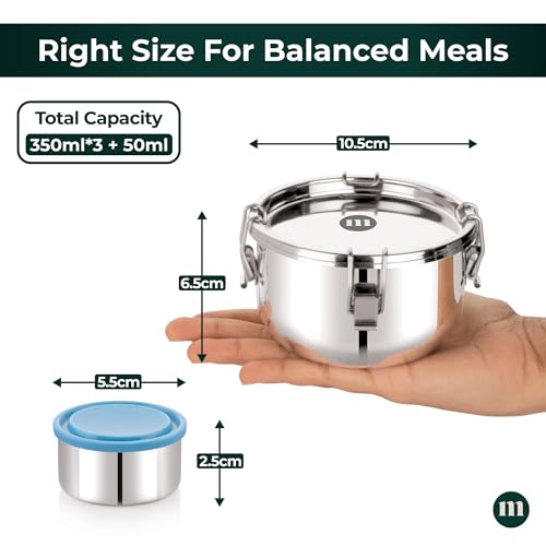 MARU Steel Leakproof Tiffin/Lunch Box Set of 3 350ml Each with Chutney Dabba for College/Office with Insulated Bag, Avoid Spilling of Curry & Liquid Items, Airtight & Perfect for Men/Women & Kids - Image 2