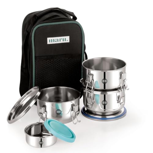 MARU Steel Leakproof Tiffin/Lunch Box Set of 3 350ml Each with Chutney Dabba for College/Office with Insulated Bag, Avoid Spilling of Curry & Liquid Items, Airtight & Perfect for Men/Women & Kids - Image 1