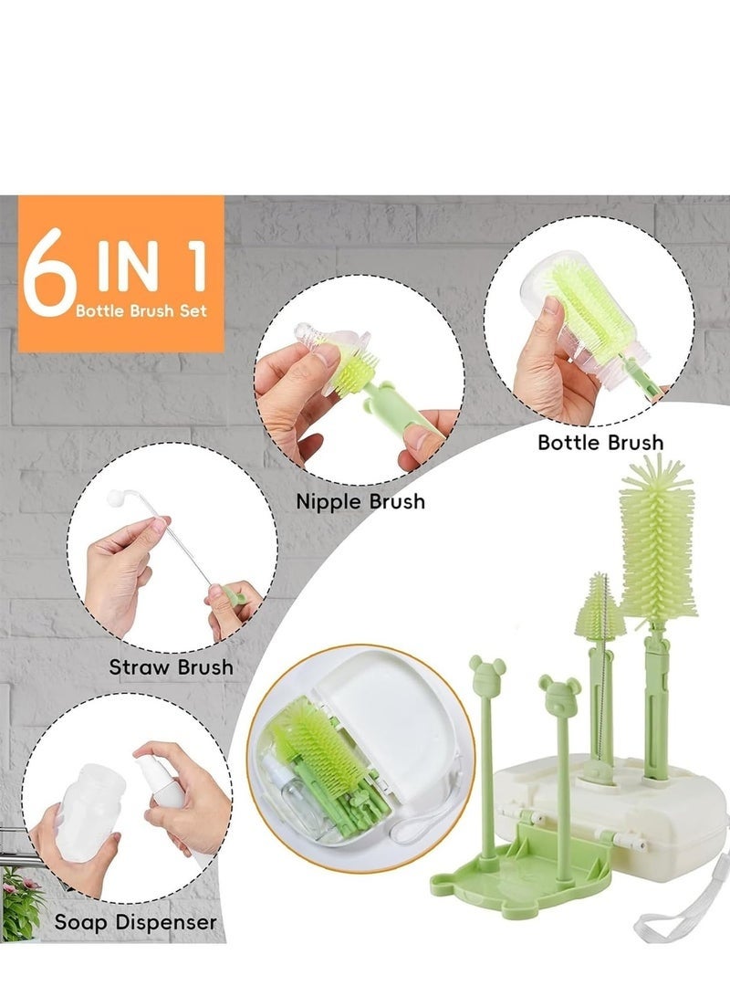 Baby Bottle Brush,Portable Travel Bottle Cleaner Kit,Silicone Baby Bottle Cleaner Brush Set with Baby Bottle Brush for Cleaning,Soap Dispenser and Storage Box,Drain tray(8pcs) - Image 2