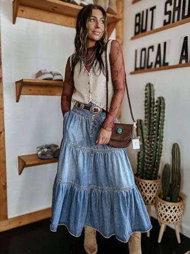utcoco Women's High Waist Long Denim Skirt Button-Fly Tiered Ruffle Swing A-Line Jean Maxi Skirt with Pockets (Large, Blue) - Image 3