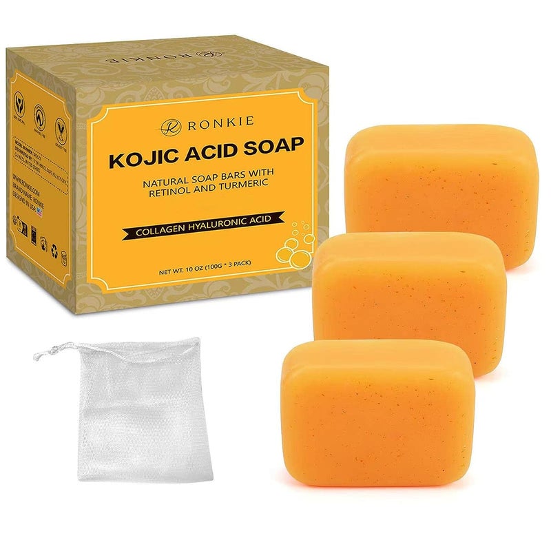RONKIE Kojic Acid Soap Reduce Dark For Face and Body for Chest Underarms Inner Thighs Bikini Area Face Elbows  3 X 100g Bars 