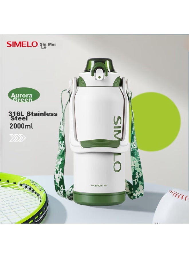 Simelo Large Capacity Insulated Water Bottle With Straw, 316l Stainless Steel Thermos Flask, Outdoor Sports Water Bottle, 2l, Aurora Green - Image 1