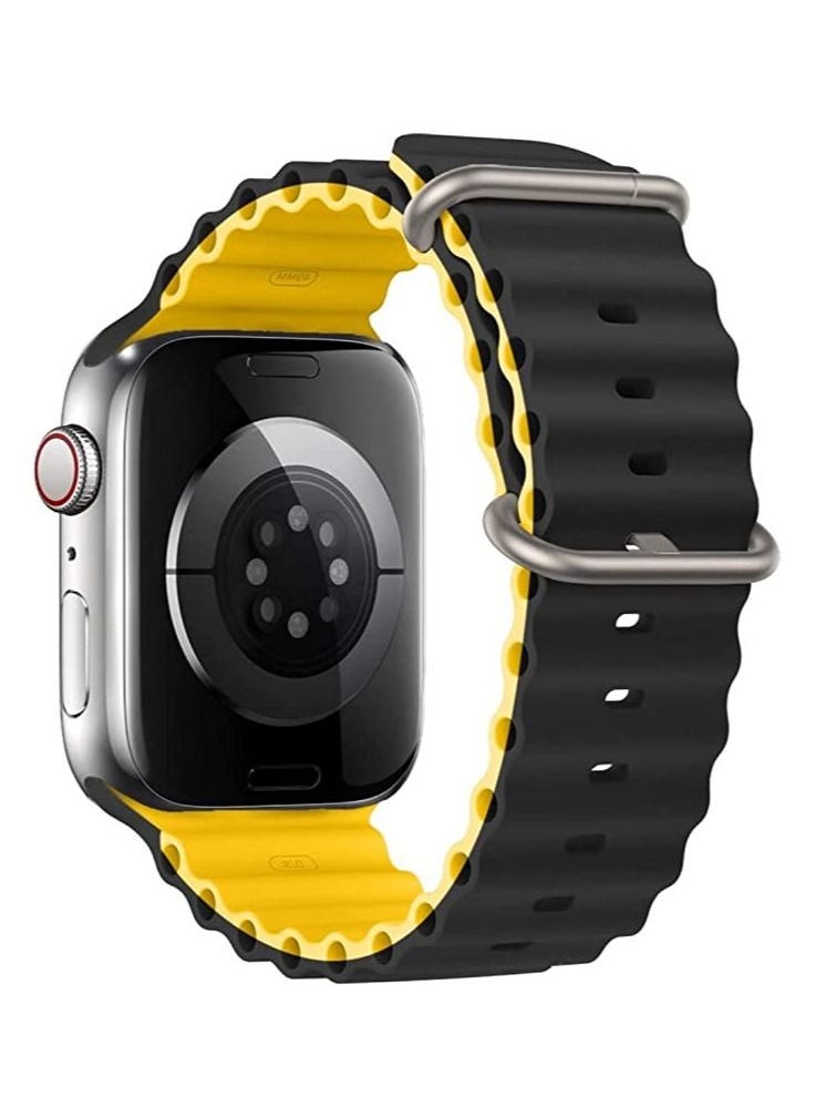 YOMNA - YOMNA Ocean Silicone Sport Band Strap Wristband Replacement Two Tone Color Compatible with Apple Watch iwatch Ultra Series 8 7 6 5 4 3 2 1 SE 49mm Black/Yellow - Image 1