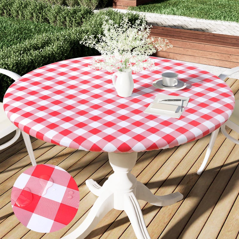 Smiry Round Picnic Table Cloth Elastic Waterproof Fitted Vinyl Tablecloth for 4556 Tables Flannel Backed Buffalo Plaid Table Covers for Dining Camping Outdoor White and Red