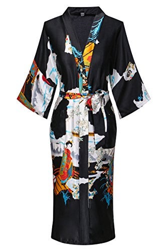 Dandychic Women's Kimono Robes Pagoda Print Kimono Imitation Silk Long Style Medium Black - Image 1