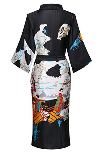 Dandychic Women's Kimono Robes Pagoda Print Kimono Imitation Silk Long Style Medium Black - Image 2