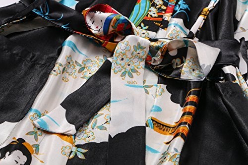 Dandychic Women's Kimono Robes Pagoda Print Kimono Imitation Silk Long Style Medium Black - Image 5