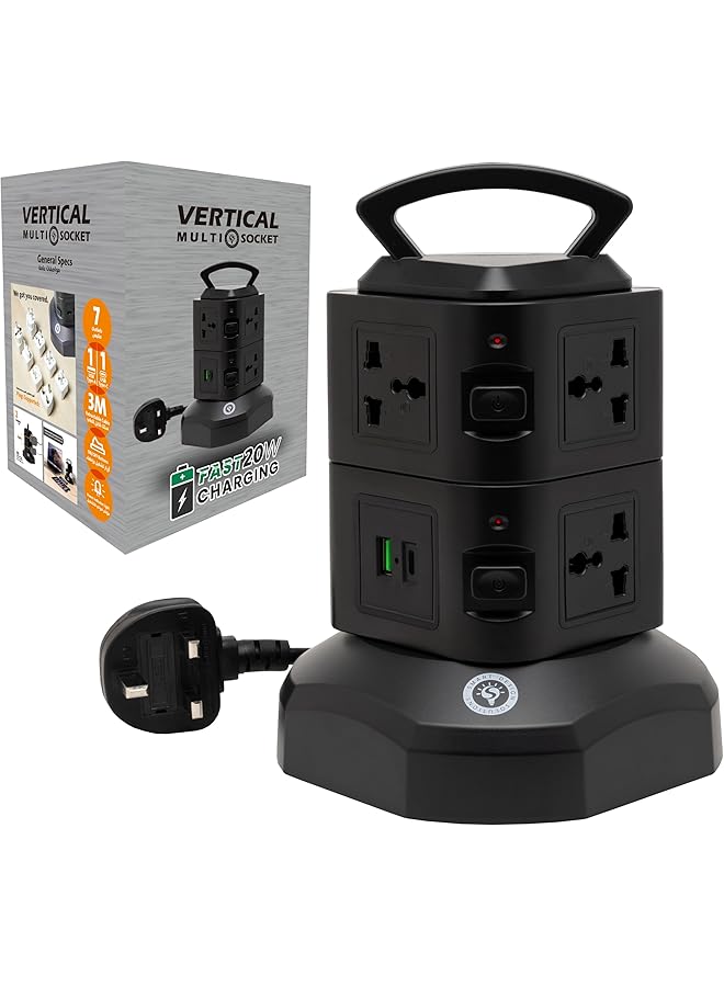 Smart Design Solutions Smart Design Solutions Tower Extension Cord Surge Protector - 7-Socket Power Strip with USB Ports & 3M Cable (2 Layers-Black)  - Image 1