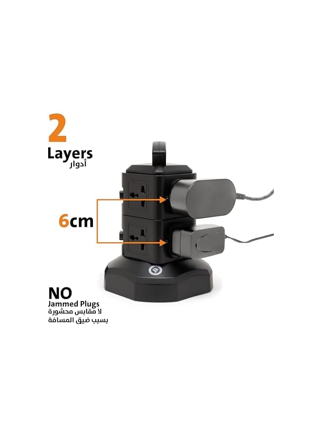 Smart Design Solutions Smart Design Solutions Tower Extension Cord Surge Protector - 7-Socket Power Strip with USB Ports & 3M Cable (2 Layers-Black)  - Image 4