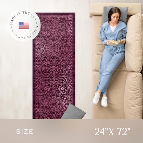 Maples Rugs Pelham Vintage Medallion Runner Rug - Made in USA - Washable, Non-Slip, Low Profile Indoor Rug for Hallway, Kitchen, and Laundry Room, 2' x 6', Wineberry - Image 3