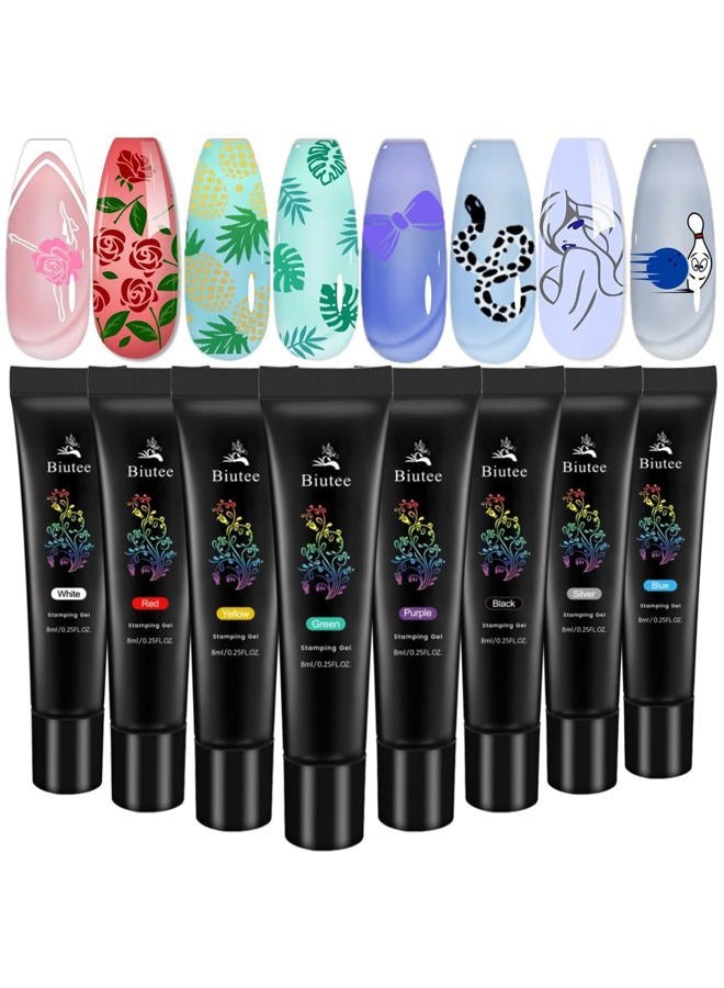 Biutee Nail Art Stamping Polish Gel Pack of 8 Colors Printing Gel 8ML UV LED Soak Off Gel Polish for Nail Stamping Plate DIY Nail Art Design - Image 1