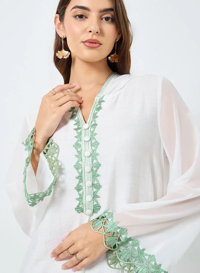Take Two White Button Front Lace Detail Hooded Jalabiya
