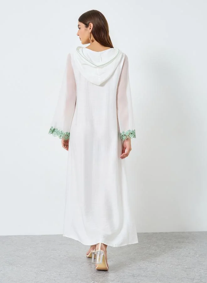 Take Two White Button Front Lace Detail Hooded Jalabiya