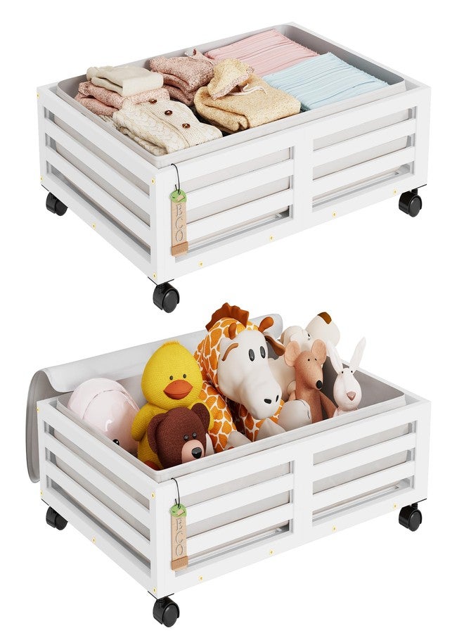 Wisuce Bamboo Under Bed Storage Containers- Underbed Organizer with Wheels with Large Dust Bag,Sturdy Wood Rolling Under the Bed Shoe Storage Organizer Drawer 2 Packs (White, Small) - Image 1