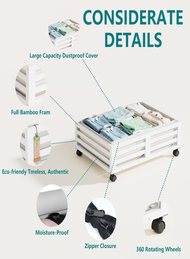 Wisuce Bamboo Under Bed Storage Containers- Underbed Organizer with Wheels with Large Dust Bag,Sturdy Wood Rolling Under the Bed Shoe Storage Organizer Drawer 2 Packs (White, Small) - Image 2