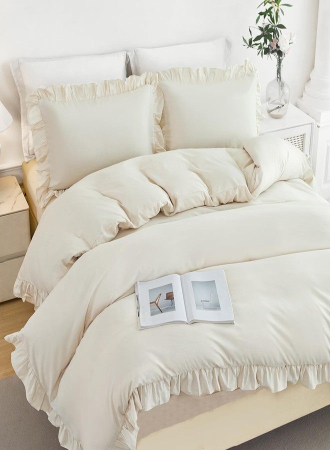 طقم غطاء لحاف بيج مكون من 3 قطع من ZSYAYAHA، طقم غطاء لحاف كامل بنمط بوهيمي عتيق مكشكش، مصنوع من الألياف الدقيقة الناعمة، طقم مفروشات أطفال للبنات لجميع الفصول (بيج، كامل) - Image 1