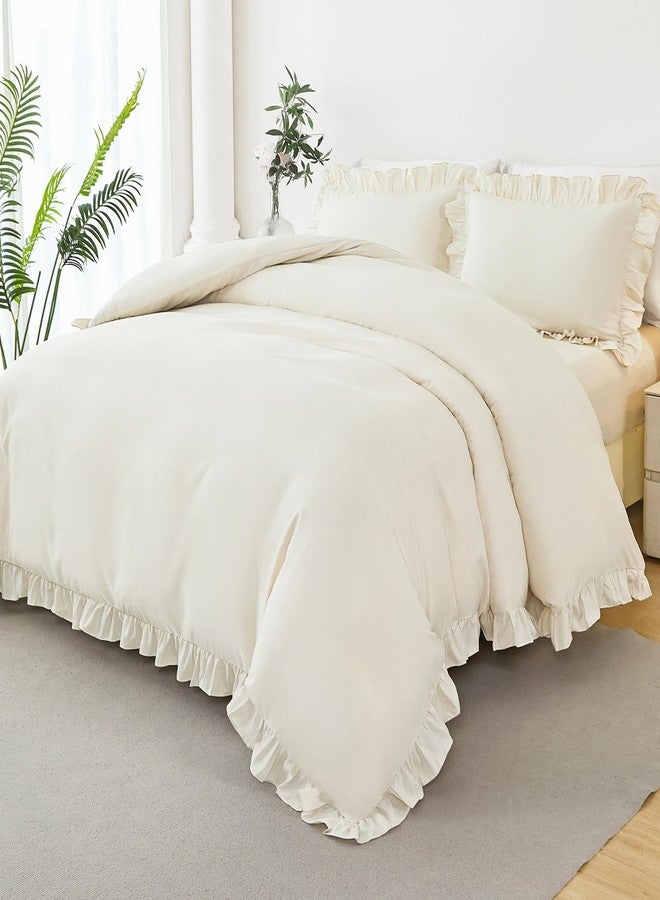 طقم غطاء لحاف بيج مكون من 3 قطع من ZSYAYAHA، طقم غطاء لحاف كامل بنمط بوهيمي عتيق مكشكش، مصنوع من الألياف الدقيقة الناعمة، طقم مفروشات أطفال للبنات لجميع الفصول (بيج، كامل) - Image 2