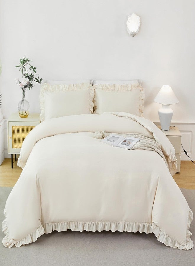 طقم غطاء لحاف بيج مكون من 3 قطع من ZSYAYAHA، طقم غطاء لحاف كامل بنمط بوهيمي عتيق مكشكش، مصنوع من الألياف الدقيقة الناعمة، طقم مفروشات أطفال للبنات لجميع الفصول (بيج، كامل) - Image 3