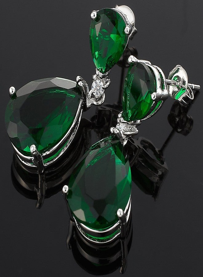 RIZILIA [ CELEBOX] Teardrop Dangle Pierced Earrings with Pear Cut CZ [Simulated Green Emerald&Blue Sapphire] in White Gold Plated, Celebrity inspired by Angelina Jolie - Image 4