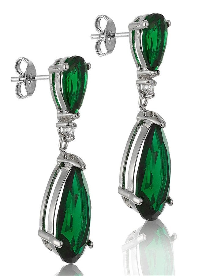 RIZILIA [ CELEBOX] Teardrop Dangle Pierced Earrings with Pear Cut CZ [Simulated Green Emerald&Blue Sapphire] in White Gold Plated, Celebrity inspired by Angelina Jolie - Image 3